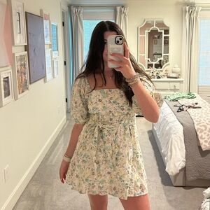 MINKPINK Floral Mini Dress in Cream and Green